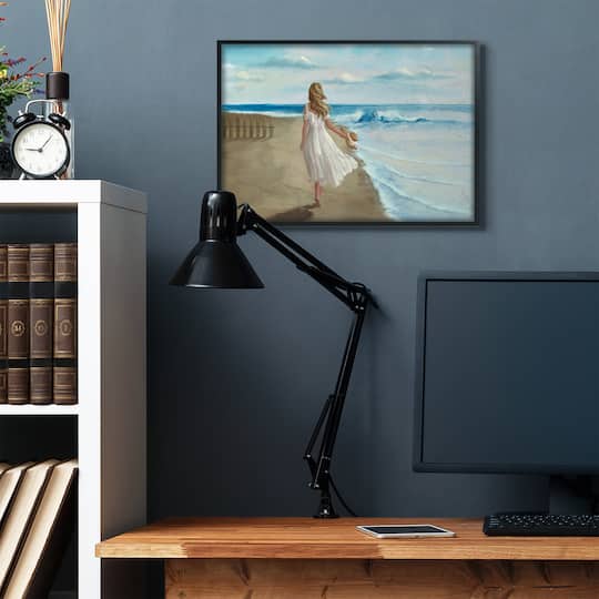 Stupell Industries Walk On The Beach Blue Ocean Painting in Black Frame Wall Art